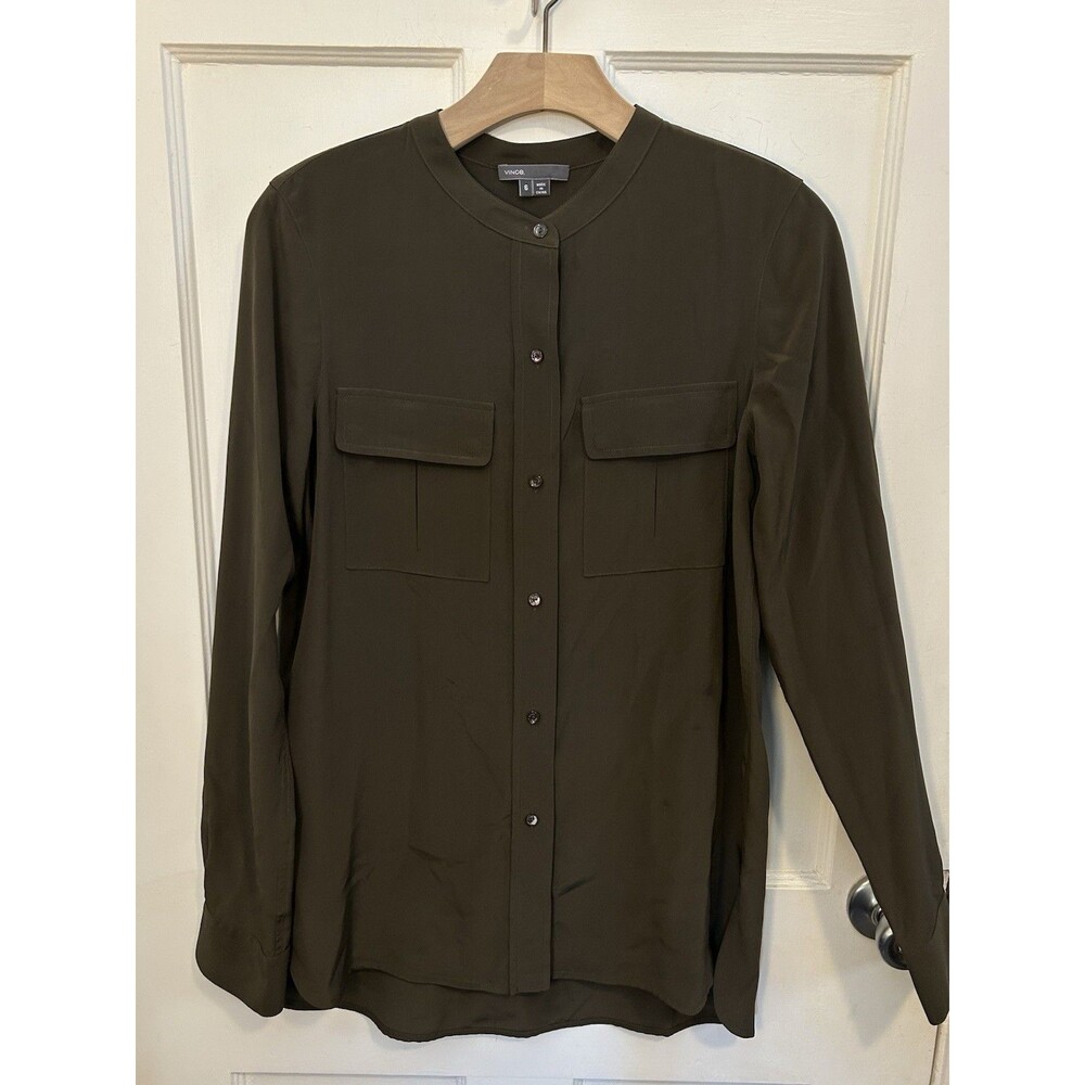 Vince 100% Silk Round-Neck Button Down Long Sleeve Top Women’s 6 Brown Luxury